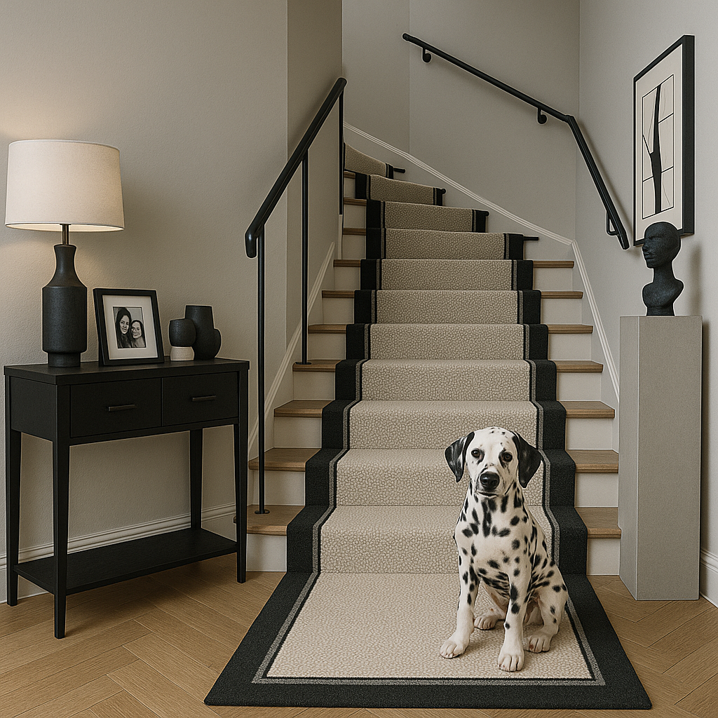 Black and grey bordered natural stairrunner inspired by armani called Black Tie
