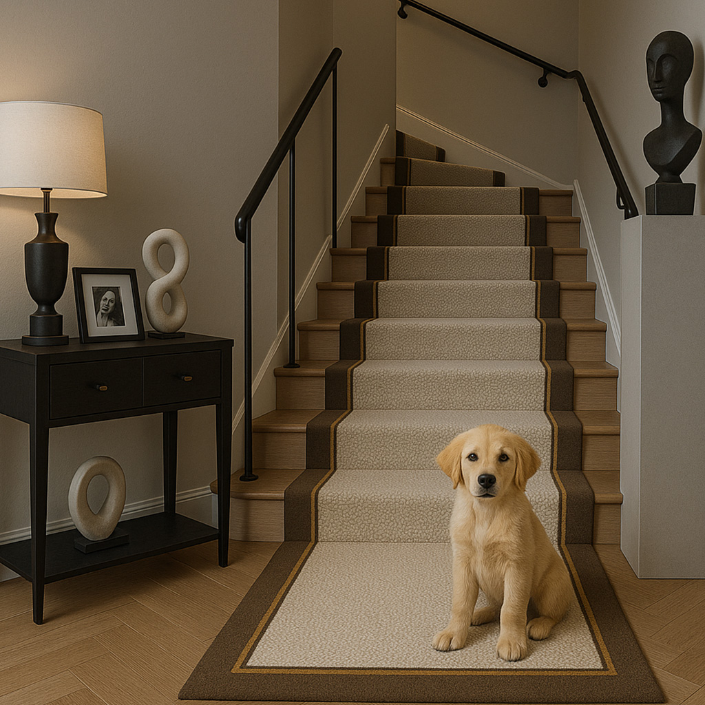 Mayfair bronze- a luxury natural stairrunner with classic brown and bronze border